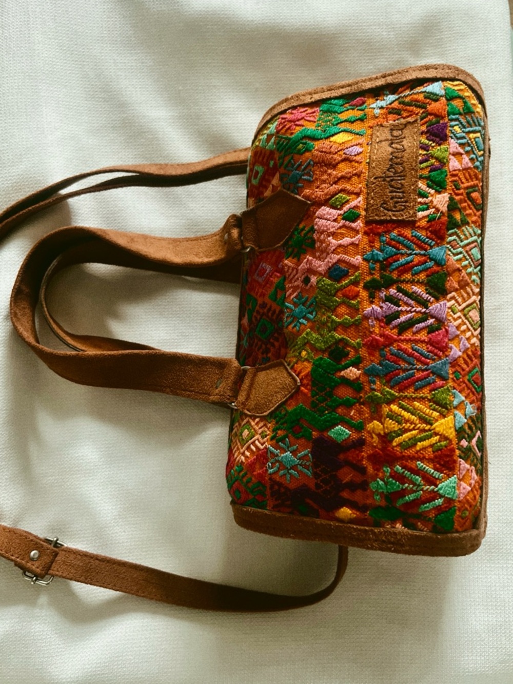 Handmade Guatemala Embroidered Barrel Bag Colorful Woven Leather Trim Boho